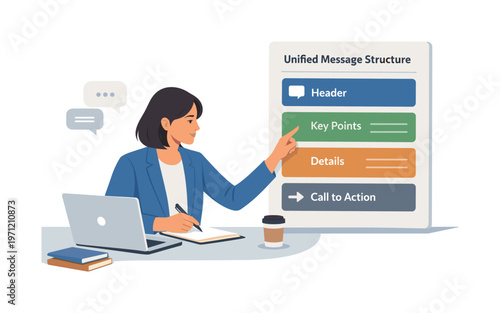 A professional standardizing internal communication during a focused workflow session, sitting at a desk with a laptop while organizing a simple