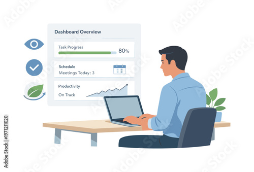 A professional maintaining consistent task monitoring in a structured daily routine, seated with a laptop while interacting with a simple overview