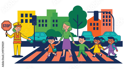 Crossing guard helps children cross road with teacher at city street.