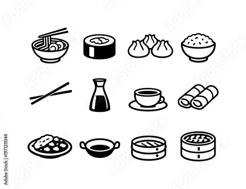 Asian cuisine dishes: ramen bowl, sushi roll, dumplings, rice bowl, noodles, chopsticks, soy sauce bottle, tea cup, spring rolls, curry dish, wok pan