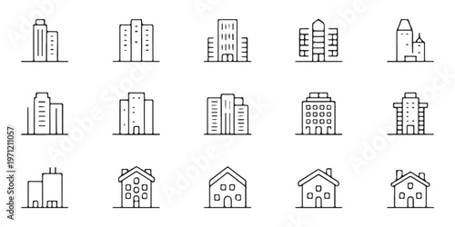 Minimalist building icons set featuring line art style for architecture and real estate business projects.