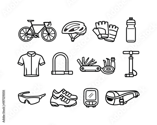 Cycling equipment: road bicycle, helmet, gloves, water bottle, cycling jersey, bike lock, repair kit, air pump, sunglasses, cycling shoes, bike
