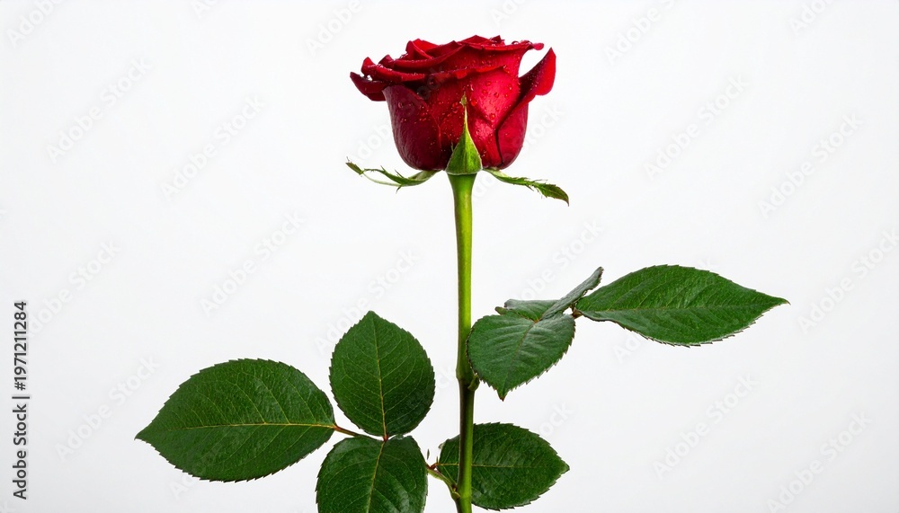 Obraz premium Single Red Rose in Full Bloom with Long Stem and Green Leaves on Light Background