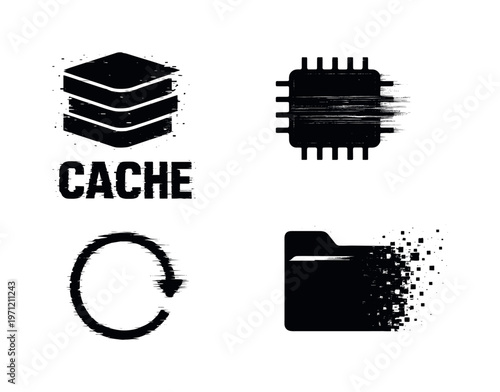 Digital cache and temporary storage theme, a set of 4 glitch-distorted monochrome objects placed on a perfectly clean white background