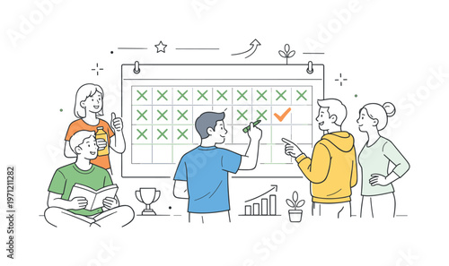 A consistent habit tracking scenario where individuals monitor routines and maintain daily discipline for long-term improvement, built around a visual