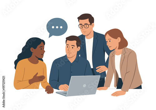 A team reinforcing shared understanding during a collaborative update discussion, gathered near a laptop while interacting with a simple aligned