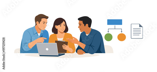 A team aligning payroll operations during a collaborative coordination discussion, gathered near a laptop while interacting with a simple distribution