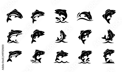 Fish jump silhouette vector icon set with dynamic leaping fish shapes in black minimal design