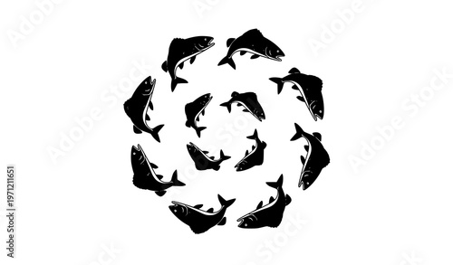 Fish jump silhouette vector icon set in circular layout with dynamic leaping fish shapes in black style