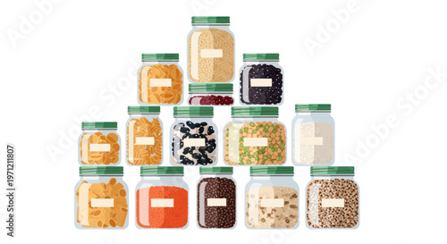 Pyramid of assorted food storage jars with green lids on white background for kitchen organization and meal prep