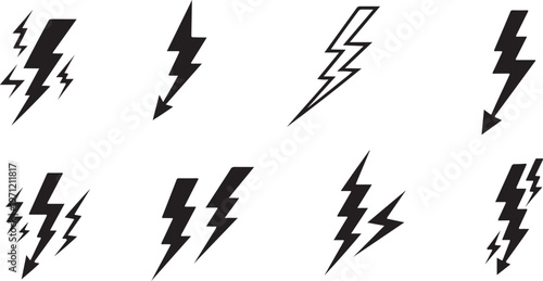 Black Lightning Bolt Icons Set, Electric Spark and Thunder Strike Silhouette Symbols on White Background