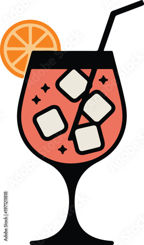 Minimalist Cocktail Glass Icon with Ice Cubes and Citrus Slice Clean Drink Illustration for Bar Menu Design
