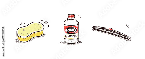 Car care theme  a horizontal row of 3 related hand-drawn objects on a white background: a simple car wash sponge with a rounded shape and a tiny pink