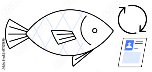 Phishing awareness concept. Phishing by fish symbol, circular arrows, and a user profile. Phishing affects cybersecurity, online protection, digital compliance, fraud prevention, and IT security