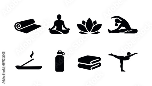 Yoga practice: yoga mat, meditation pose, lotus flower, stretching figure, balance pose, incense, water bottle, towel