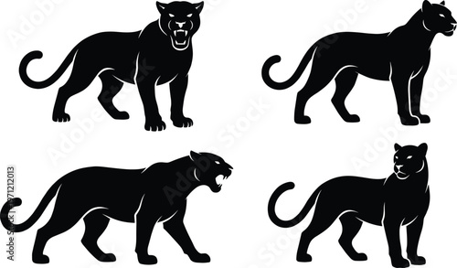 black, panther, silhouette, wild, animal, predator, feline, elegant, jungle, wildlife, nature, illustration, vector, isolated, powerful, big, cat, design, collection, set