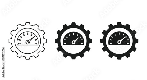 Set of three speedometer icons with gears representing speed, performance, and mechanical control in a clean design