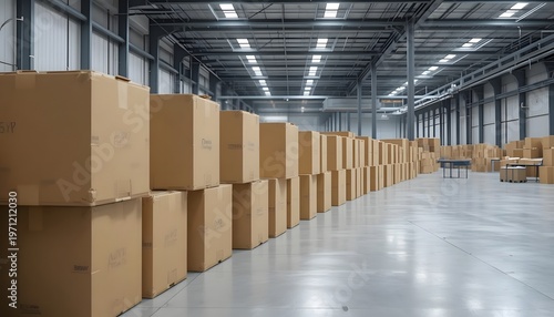 Vast warehouse interior filled with stacked cardboard boxes extending into the distance, showcasing logistics and storage