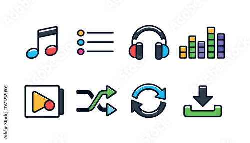 Streaming music service: music note, playlist list, headphones, equalizer bars, album cover, shuffle arrows, repeat icon, download music