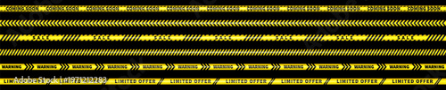Fotografie Yellow Sale Caution Tape Set with warning stripes, limited offer, coming soon, discount ribbon, industrial style, barrier, promo banner, black background