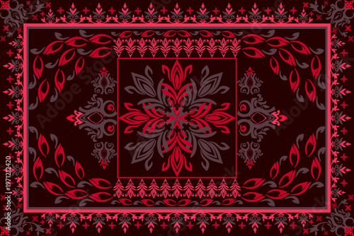 An abstract floral background, featuring intricate red lace patterns, vintage damask motifs, and beautifully decorated fabric textures, is ideal for use as wallpaper, rugs, curtains, and coasters.