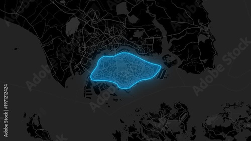 Stylized Blue Neon Glow Map Zoom In Animation on Dark Digital Background - Singapore