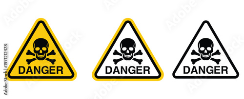 Set of Danger Warning Signs with Skull and Crossbones - Industrial Safety Triangle Icons - Toxic and Poisonous Alert Symbols in Yellow, White, and Black.