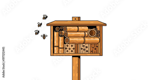 Bee hotel with bees flying around on a wooden post for insect habitat and conservation