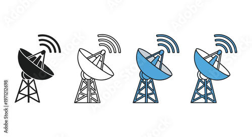 Set of satellite dish icons representing communication technology and signal transmission in different styles