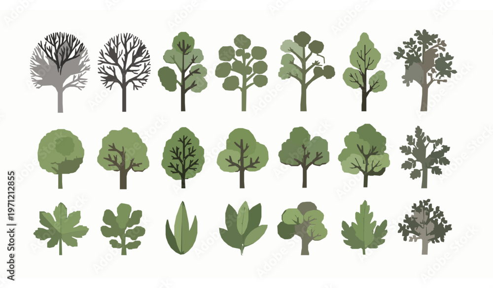 Fototapeta premium Hand drawn tree and leaf vector set with bare and lush green botanical elements in flat design style