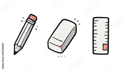 Simple stationery basics theme  a horizontal row of 3 related hand-drawn objects on a white background: a basic pencil with a tiny pink eraser detail