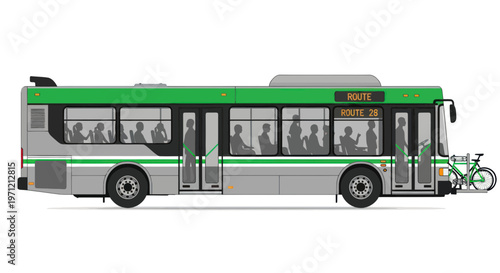 Green city bus with bicycle parked beside public transportation concept route 26 urban commute