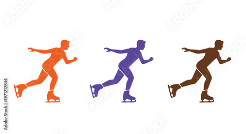 Three diverse speed skaters in silhouette form, gliding gracefully across an ice rink with vibrant colored outlines