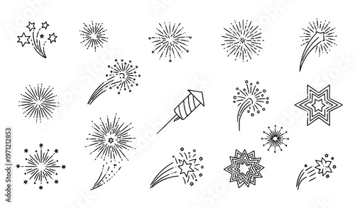 Modern firework line icon collection with dynamic burst elements for festive and new year design