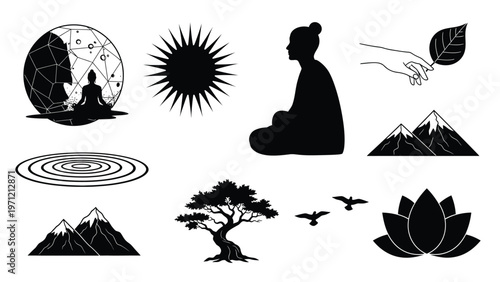 Silhouette of person meditating in geometric moon, sun and nature symbols.