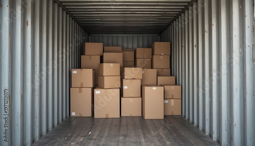 Neatly arranged brown cardboard boxes filling the interior of a large metal shipping container, symbolizing global logistics, freight transport, and secure merchandise delivery