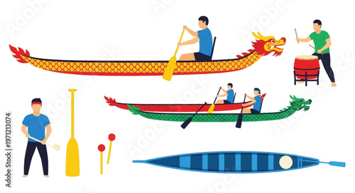 Dragon boat festival elements set includes dragon boats, drummers, paddlers, and paddles for water sport.
