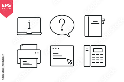 Set of line icons related to contact list, web form, fax machine, address book, phone, info. Editable stroke. Vector illustration
