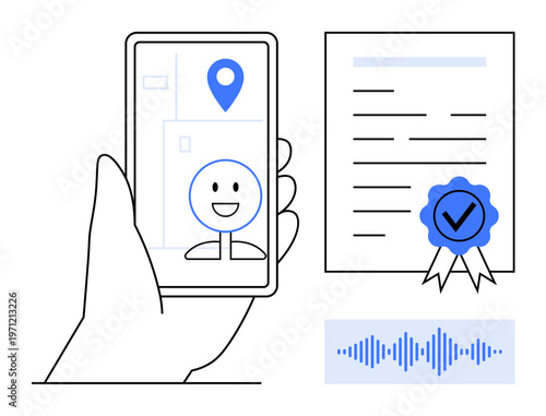 Identity verification concept. Identity verification process using mobile devices with geolocation and audio authentication. Identity ensures data integrity and certified document security