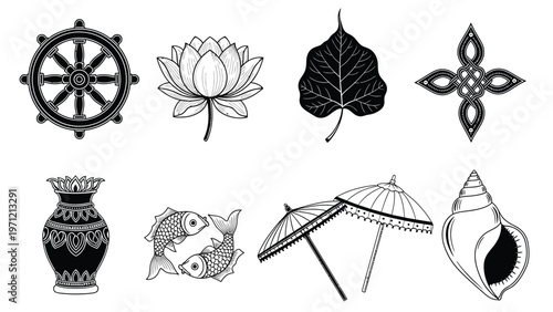 set of eight auspicious symbols of buddhism, dharma wheel, lotus flower, bodhi leaf, endless knot.