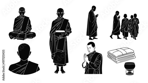collection of buddhist monk silhouettes, various poses of meditation, prayer, offering.