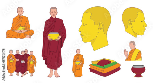 Buddhist monk figures and ceremonial objects including alms bowls, robes, and offerings in set.