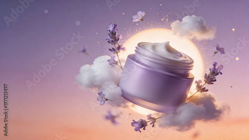 A matte lavender cream jar floats in a dreamy spring evening scene surrounded by soft clouds and delicate flowers, creating a calm and luxurious skincare atmosphere.