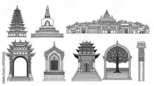 Ancient eastern temple architecture and historical religious monuments collection in linear style.