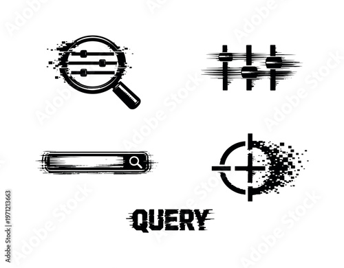 Digital search refinement and query adjustment theme, a set of 4 glitch-distorted monochrome objects placed on a perfectly clean white background