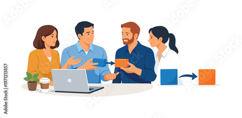 A team organizing a clear workflow handoff during a project transition moment, gathered near a laptop while interacting with a simple passing arrow