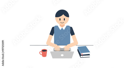 Digital illustration of a focused male professional working from home on a laptop, perfect for themes of remote work, online education, or modern business productivity