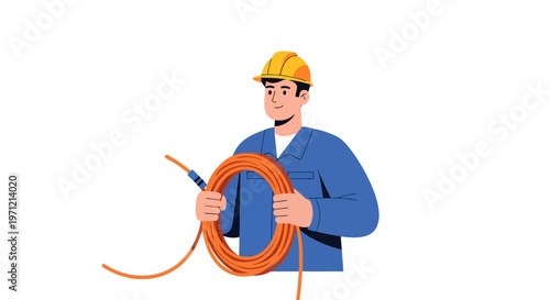 Construction worker holding a large roll of orange fiber optic cable for installation and network maintenance