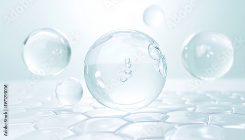 ホワイトとオーロラカラーに輝く透明バブルと美容分子が浮遊する高保湿スキンケア科学背景 セラミドCICAヒアルロン酸配合イメージ 透明感あふれるビューティーサイエンスビジュアル ジェネレーティブAI