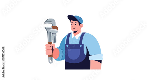 Professional tradesman character, a skilled plumber or handyman, confidently holding a large wrench, ready for efficient home maintenance and repair services